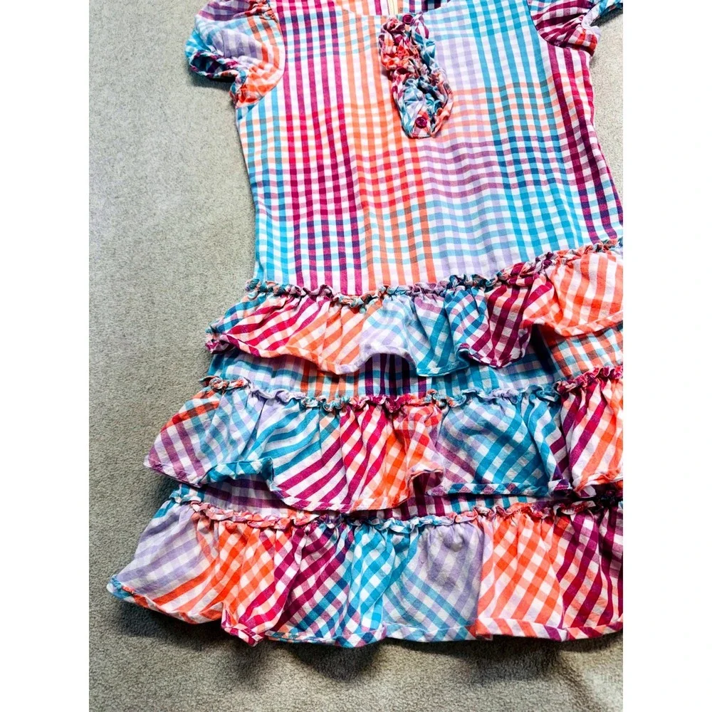 Hartstrings Girls Size 8 Plaid Tiered Ruffle Dress Multicolor Short Sleeve Flowy